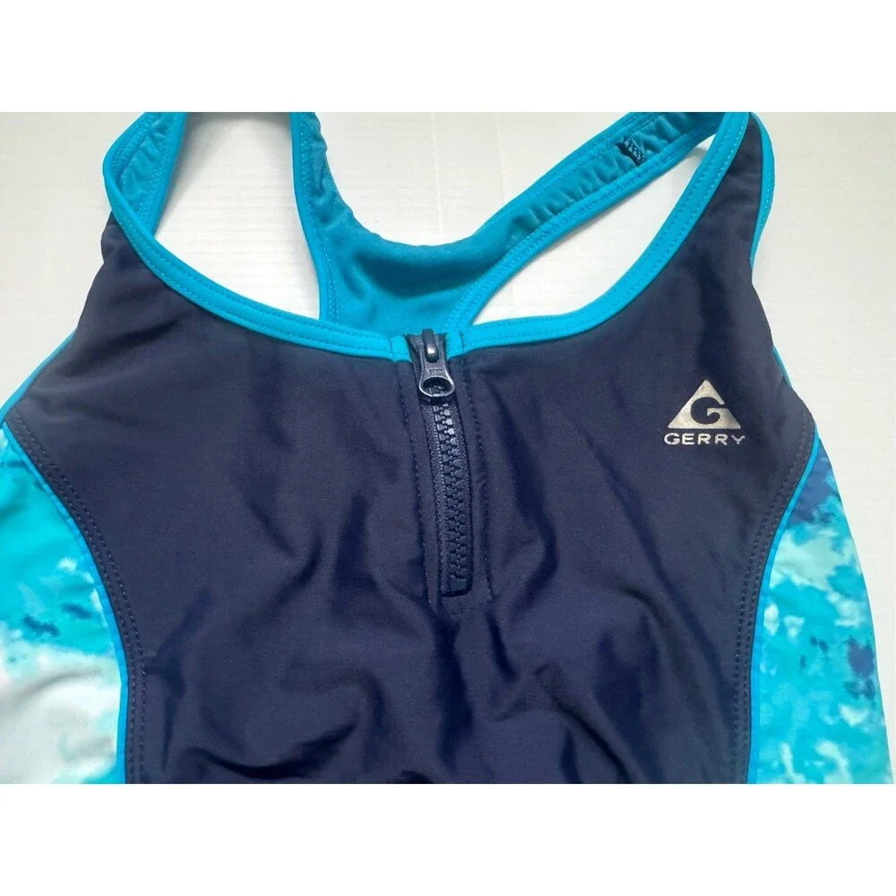 Gerry Girls Size 16 One Piece Swimsuit Navy Blue Turquoise Zip Front